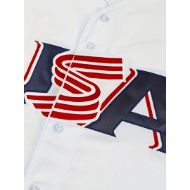 1pc Men'S Classic American Baseball Jersey Shirt - V-Neck, Short Sleeve, Embroidered USA Flag, Breathable Polyester, Lightweight, Moisture-Wicking, Ergonomic Design for Sports, Casual & Team Events