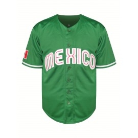 Men's Vintage Mexico Baseball Jersey - Green & White Retro Design, Moisture-Wicking Polyester, V-Neck, Short Sleeve, Button-Up Front for Sports, Parties & Casual Wear