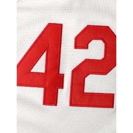 Men'S White Breathable Polyester Baseball Jersey # 42V Collar Sports Shirt With Embroidered Print Loose Button Top Suitable For Sports, Leisure And Team Activities All Year Round S-3XL