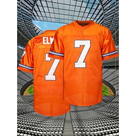 Men's #7 Embroidered Orange Football Jersey - V-Neck, Loose Fit Mesh Fabric, Breathable & Stylish for Spring, Summer, Fall Sports & Casual Wear