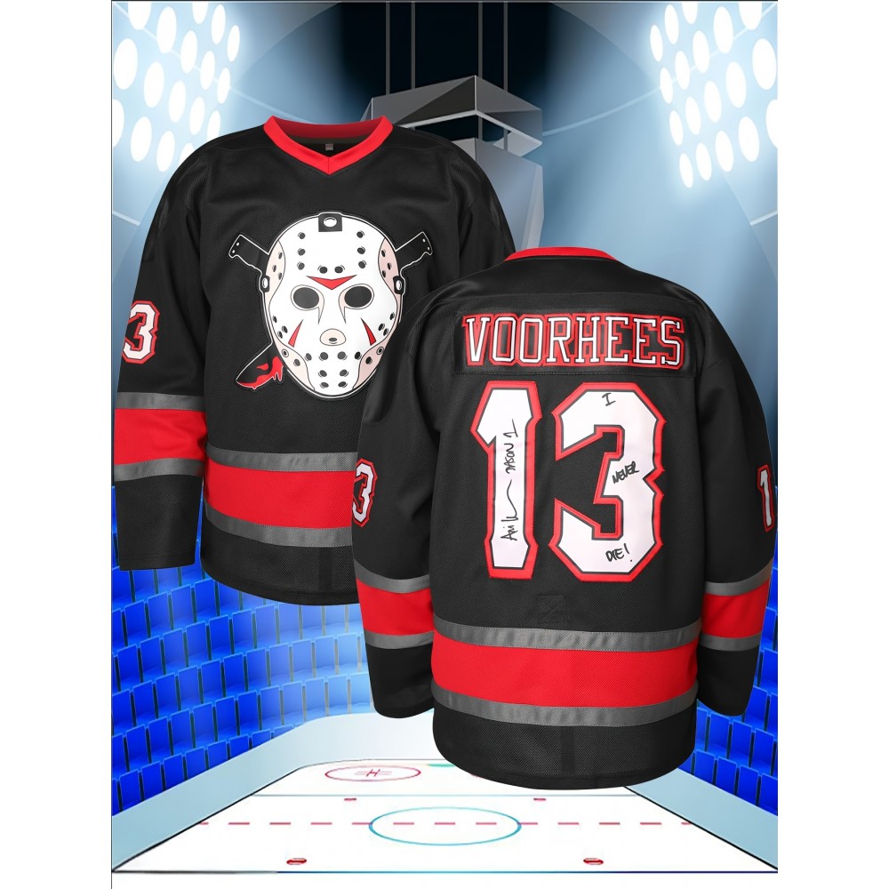 Men's #13 Black Embroidered Ice Hockey Sweater - Breathable Polyester, V-Neck Captain's Jersey with Classic Red & White Stripes, Ideal for Training, Competitions & Casual Wear in Spring, Summer, Fall, Hockey Jersey
