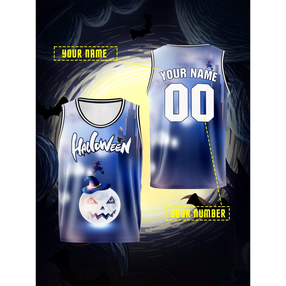 Boys' Customizable Name & Number Halloween Basketball Jersey - Polyester, 100% Polyester Breathable Sports Vest, Kids All-Over Print Tank Top for Training, Running, Outdoor Activities, Casual Parties, Loose Fit for Children Over 3 Years Old
