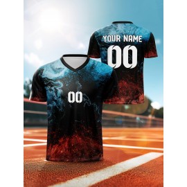 1pc Customizable V-Neck Soccer Jersey for Kids - 100% Polyester, All-Over Print, Personalized Name & Number, Medium Stretch, Regular Fit, for Boys & Girls, Ideal for Sports, Casual Wear, Training, Beach, Birthday - Spring/Summer/Fall