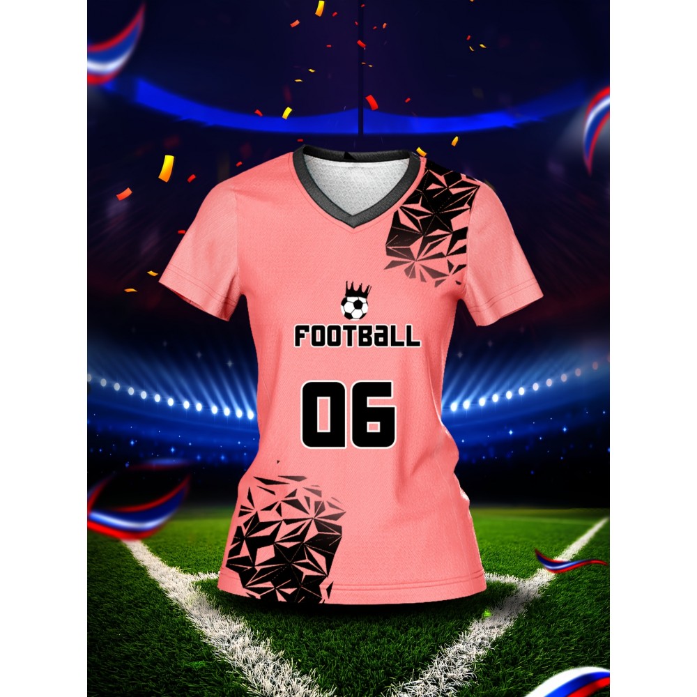 Customized Name & Number Women's V-Neck Football Jersey - Breathable Quick-Dry Moisture-Wicking Pink/Black with Football Graphic & Number 06 Design for Team Training, Fitness, Casual Wear, Football Accessories, Comfortable Fit