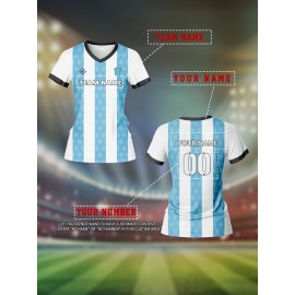 Customizable Women'S V-Neck Football Jersey - Light Blue & White Checkered, Breathable & Quick-Dry, Perfect for Team Training & Fitness, Team Branding Apparel | Checkered Pattern | Comfortable Fit, Football Jersey