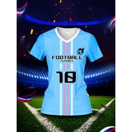 Customizable Women's V-Neck Football Jersey - Personal Name & Number, Breathable Polyester, Quick-Dry Sports Top for Team Training & Casual Wear, Blue with Striped Accents