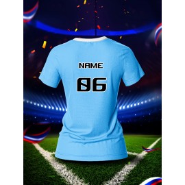 Customizable Women's V-Neck Football Jersey - Personal Name & Number, Breathable Polyester, Quick-Dry Sports Top for Team Training & Casual Wear, Blue with Striped Accents