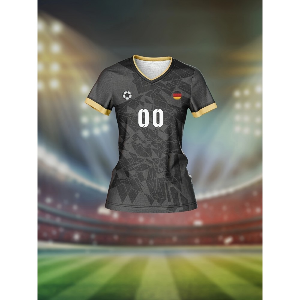 Customizable Women'S V-Neck Soccer Jersey - Personalized Name & Number, Breathable Quick-Dry Fabric for Team Training, Fitness & Casual Wear, Black with Red & White Design, Spring/Summer/Fal