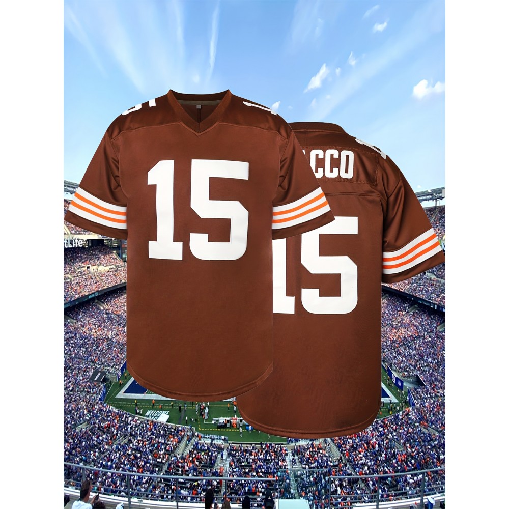 Men's #15 Brown American Football Jersey - V-Neck,, Polyester, Ideal for Training & Team Sports, Sizes S-XXXL, Team Jersey|Vneck Sports Top| Detailing